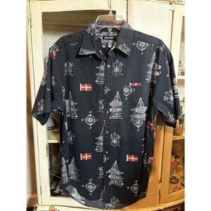 90s VINTAGE Men's M Black Nautical Fisherman Boat Button Short Sleeve Shirt